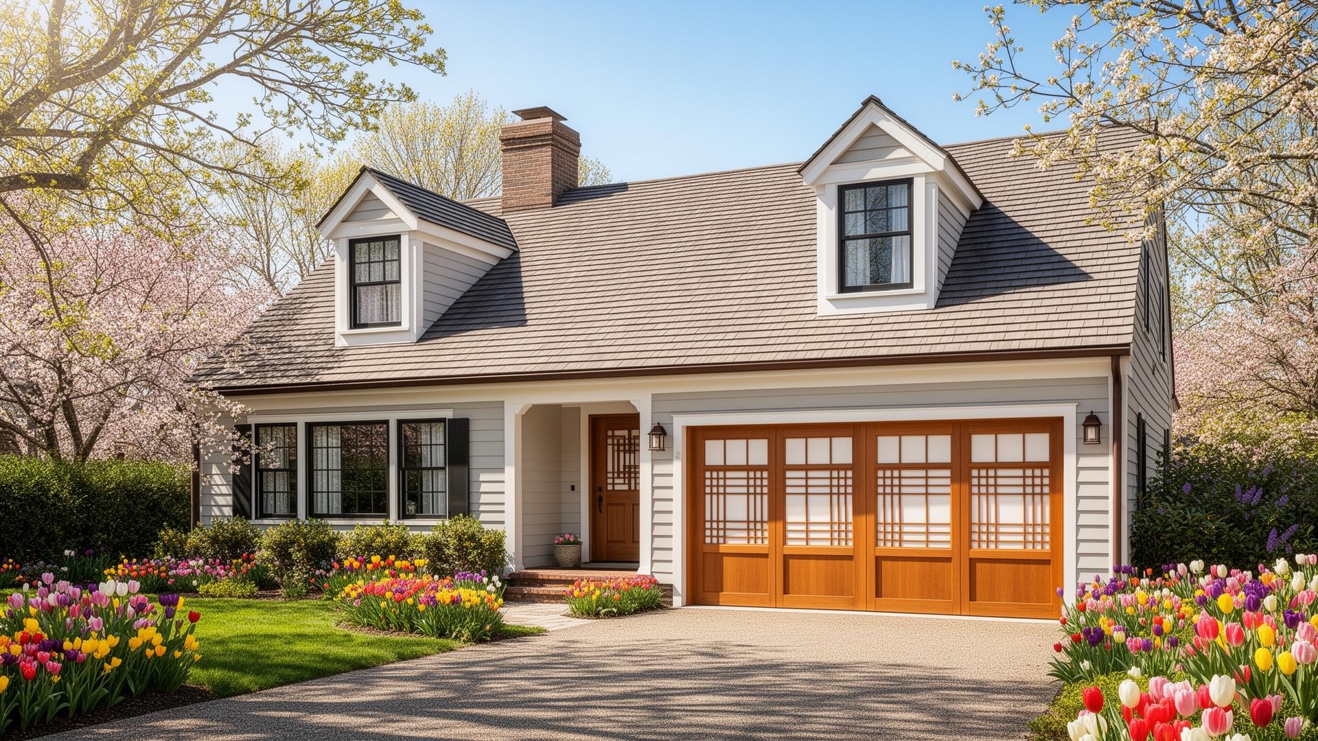 Beautiful Cape Cod cottage with Asian inspired garage doors featuring shoji screen panels in Naselle, WA